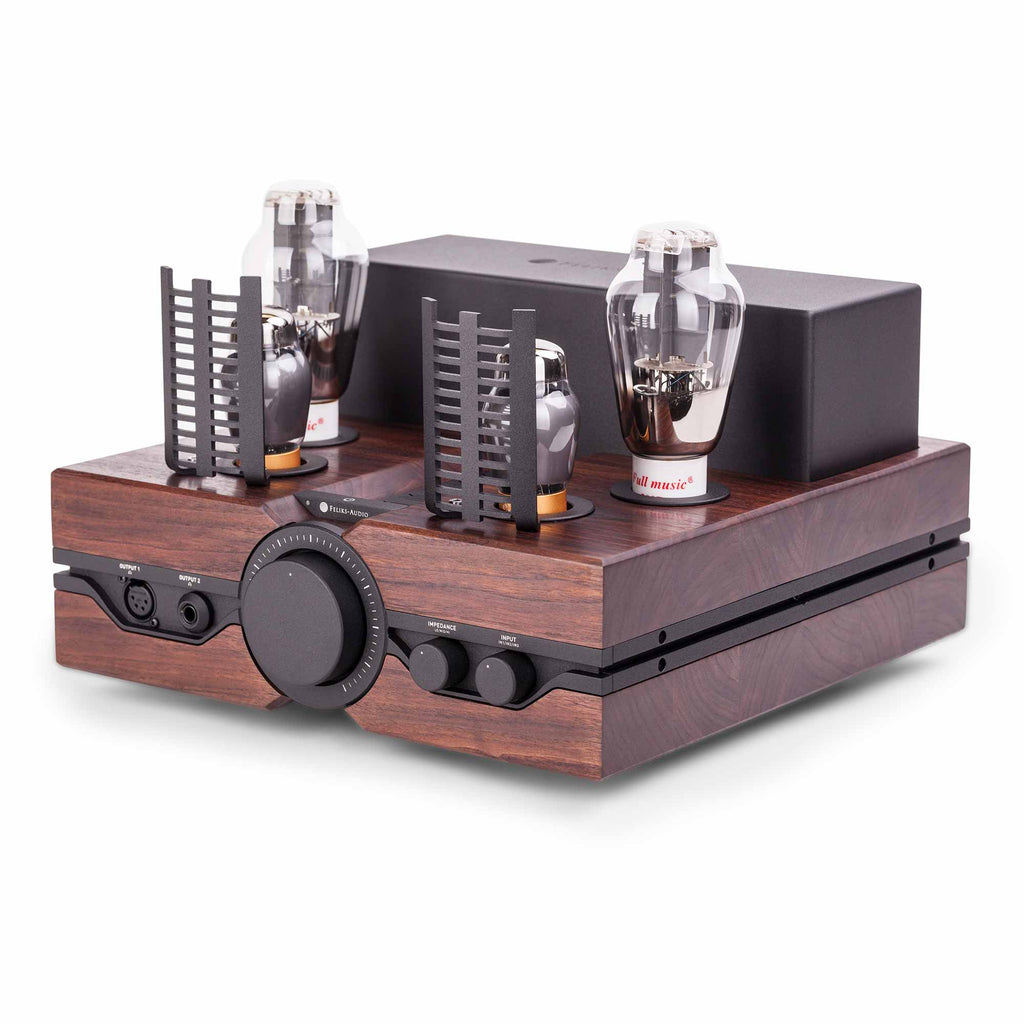 Feliks Audio Envy Tube Headphone Amplifier with wooden chassis, visible 300B tubes, and black control knobs on white background