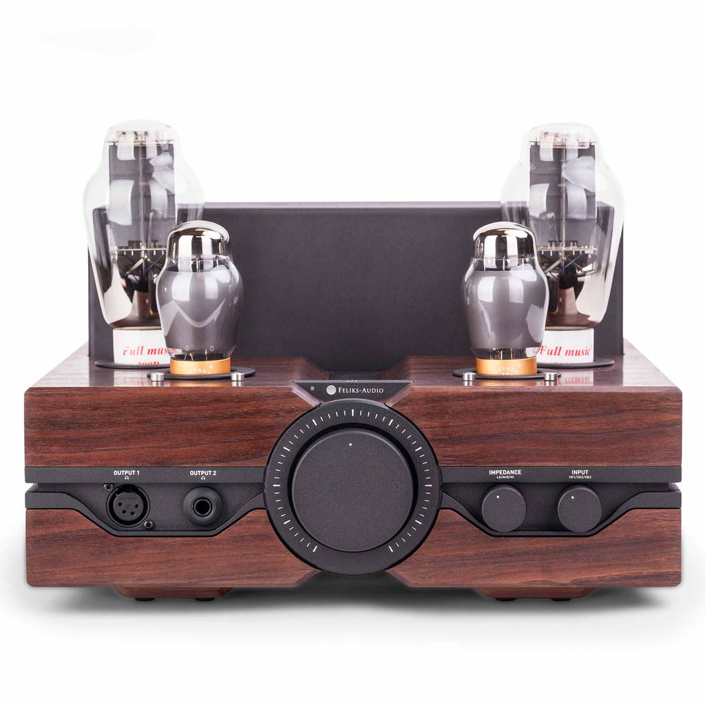 Front view of Feliks Audio Envy Tube Headphone Amplifier with wood finish, vacuum tubes, and control knobs on white background