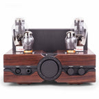 Front view of Feliks Audio Envy Tube Headphone Amplifier with wood finish, vacuum tubes, and control knobs on white background