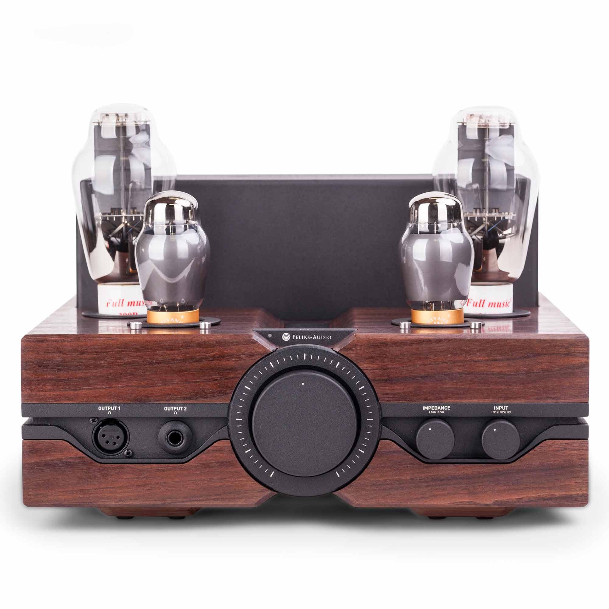 Front view of Feliks Audio Envy Tube Headphone Amplifier with wood finish, vacuum tubes, and control knobs on white background