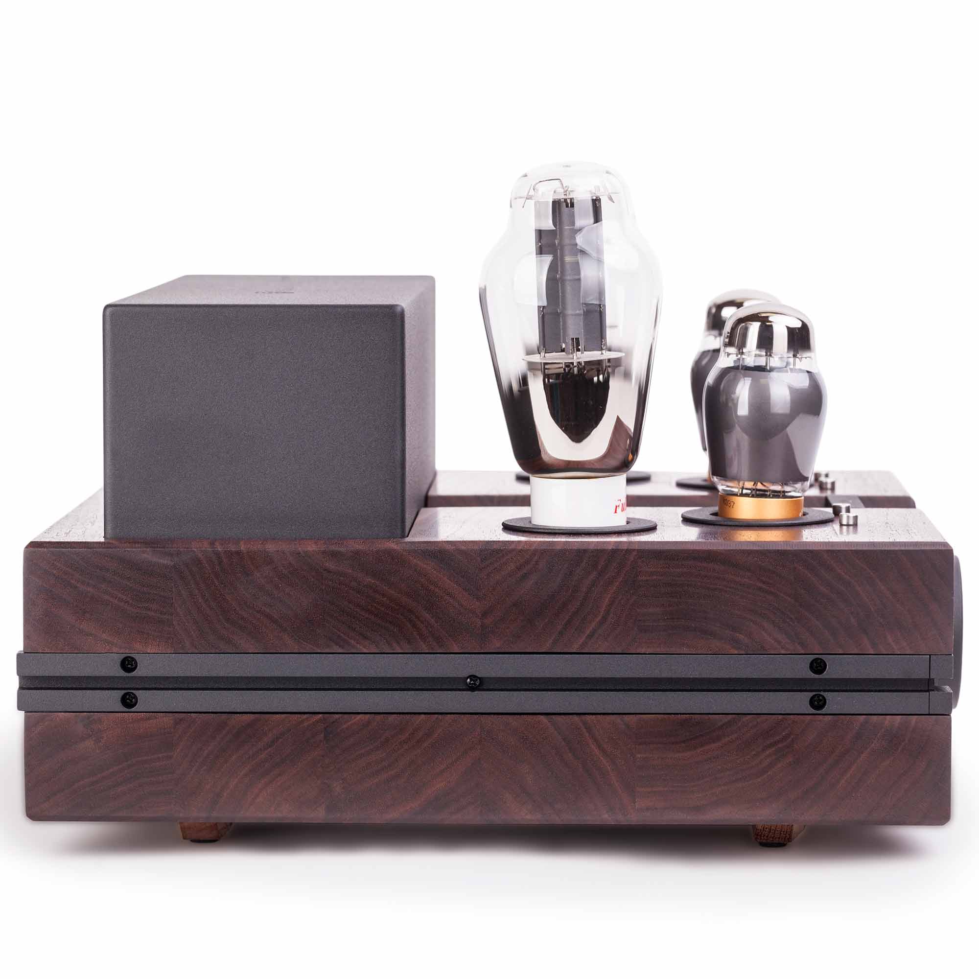 Front view of Feliks Audio Envy Tube Headphone Amplifier with visible vacuum tubes and wood finish chassis on white background