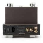Rear view of Feliks Audio Euforia Evo Tube Headphone Amplifier showing power switch and RCA and XLR connectors