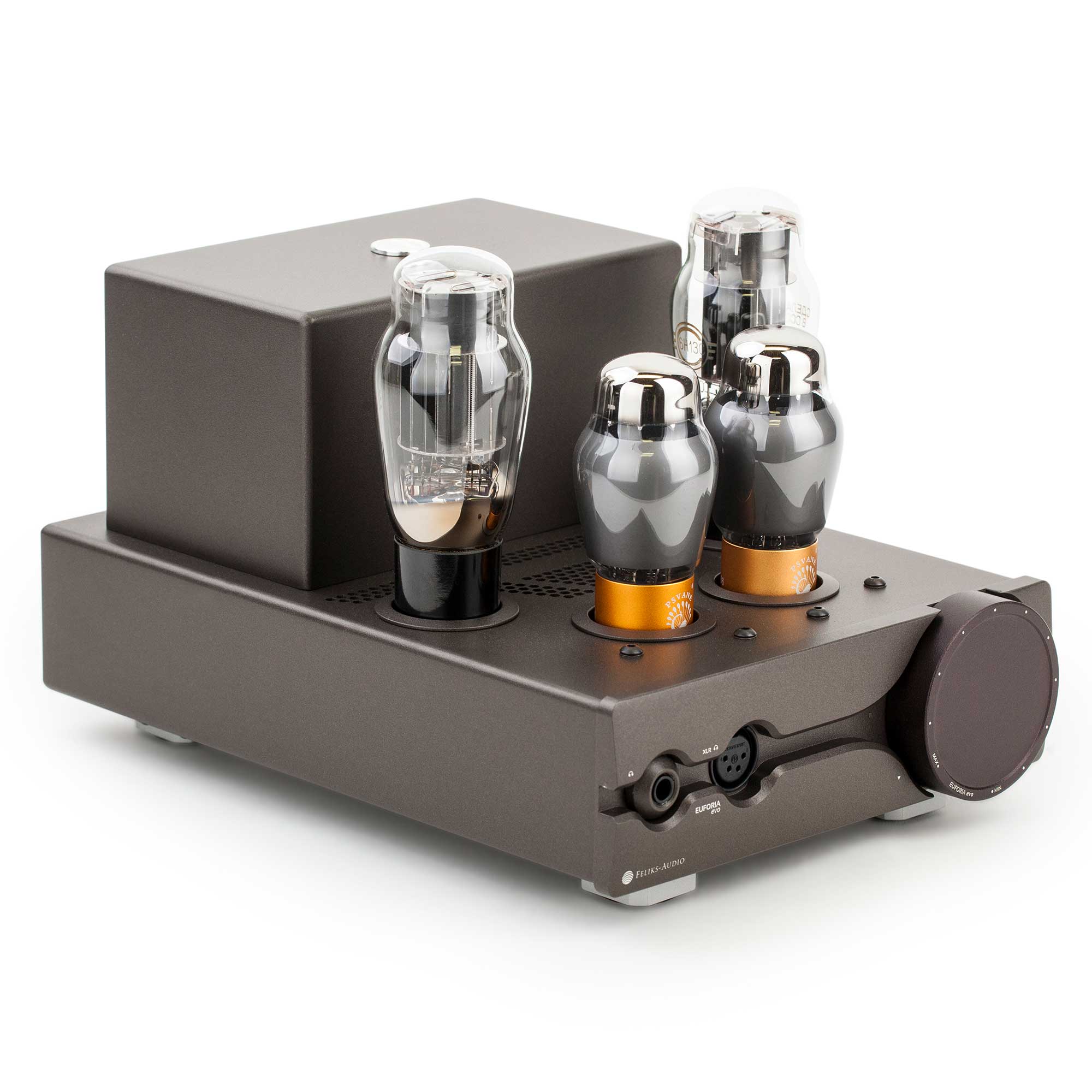 Feliks Audio Euforia Evo Tube Headphone Amplifier showing four vacuum tubes and large volume knob on white background
