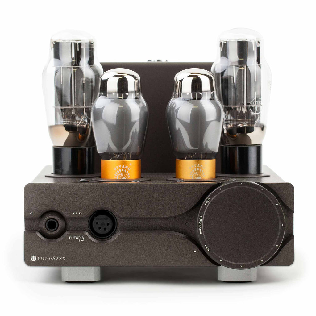 Front view of Feliks Audio Euforia Evo Tube Headphone Amplifier with glowing vacuum tubes and control knob on white background