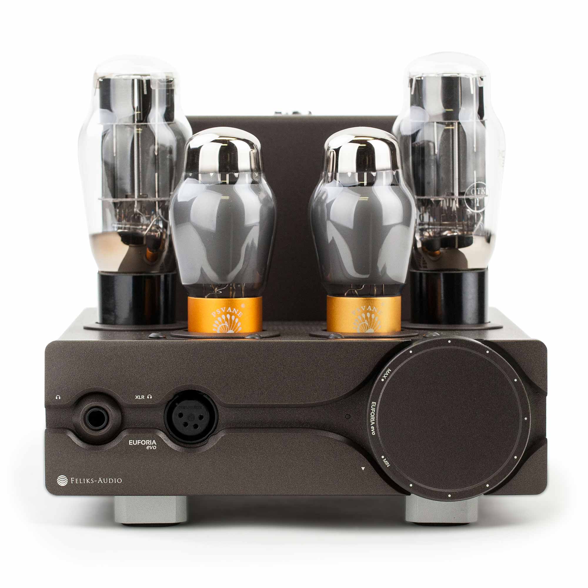 Front view of Feliks Audio Euforia Evo Tube Headphone Amplifier with glowing vacuum tubes and control knob on white background
