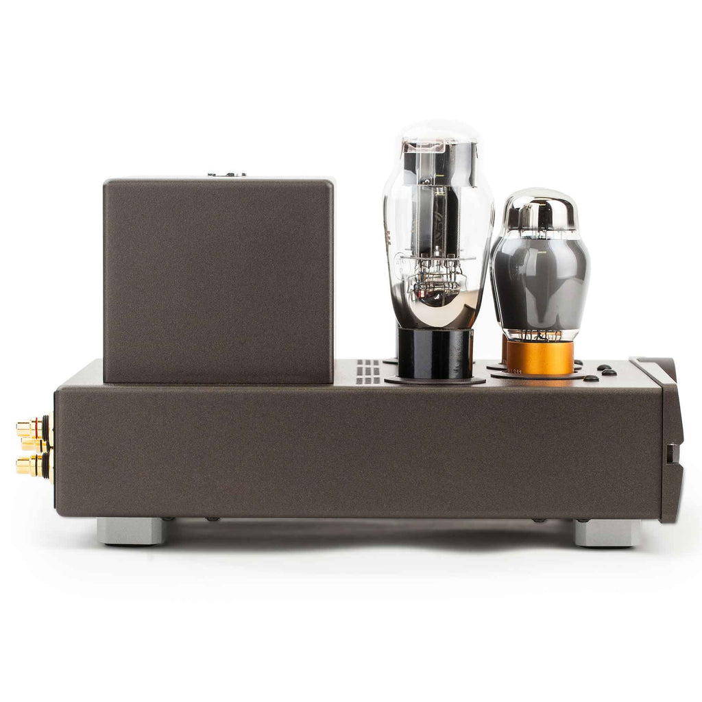 Side view of Feliks Audio Euforia Evo Tube Headphone Amplifier showing tubes and dark casing on white background