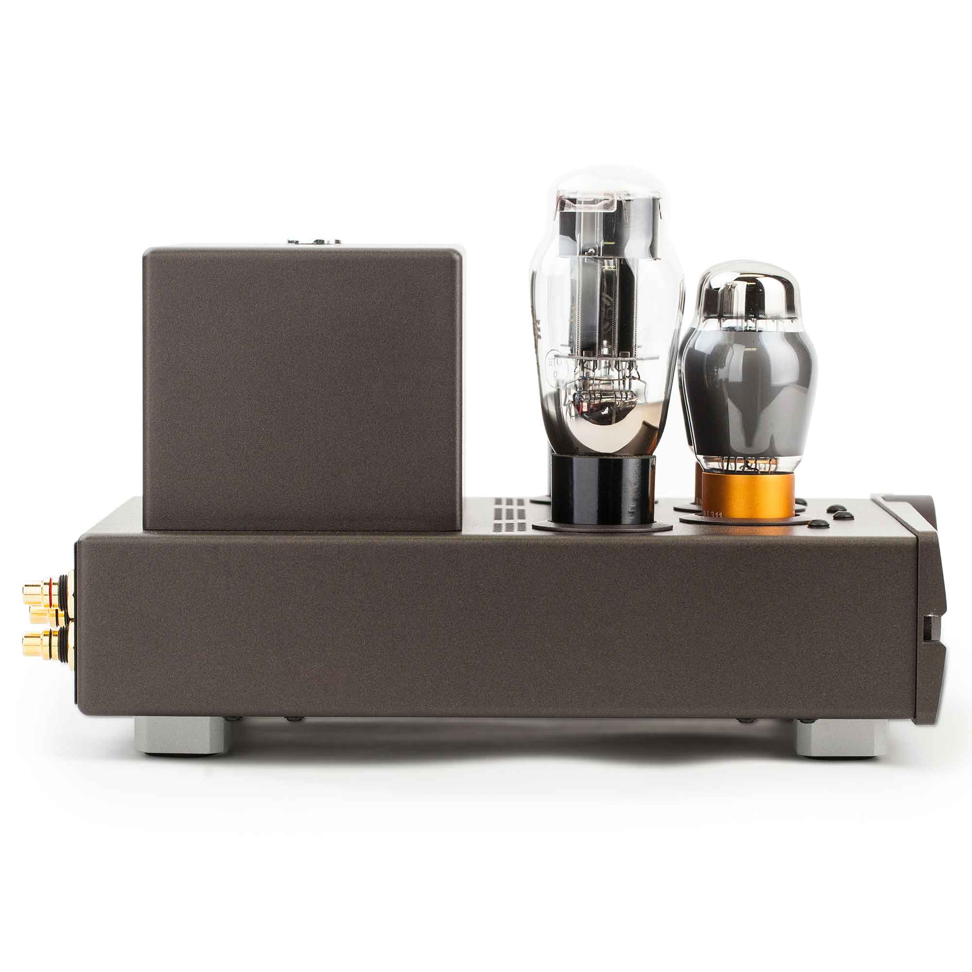 Side view of Feliks Audio Euforia Evo Tube Headphone Amplifier showing tubes and dark casing on white background