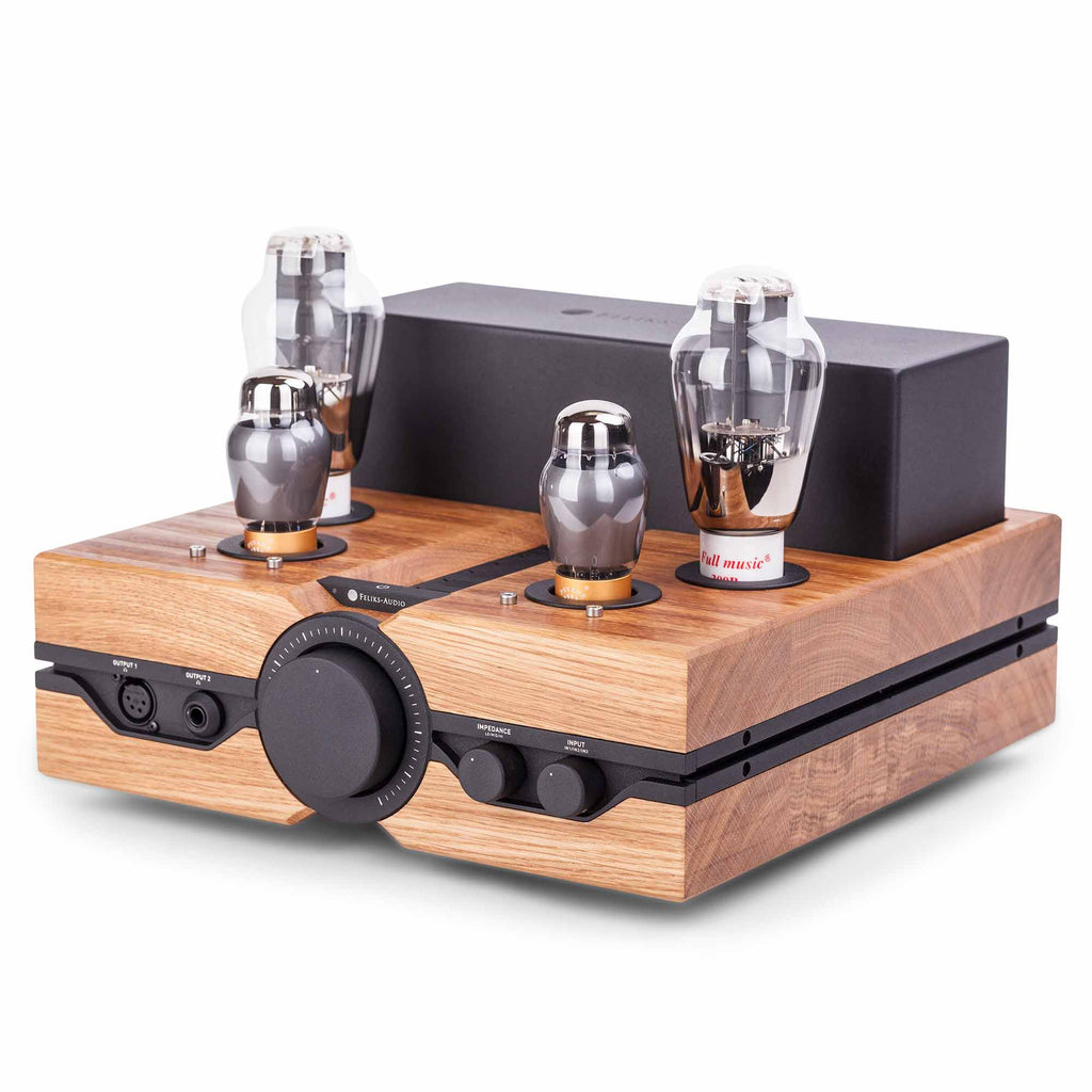Feliks Audio Envy Tube Headphone Amplifier with wooden chassis and four vacuum tubes on white background