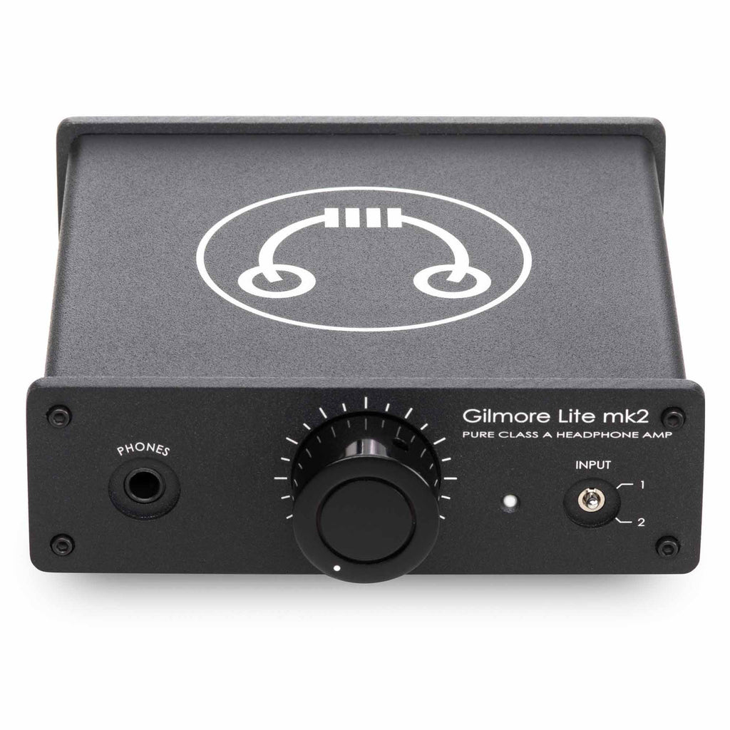 Front view of HeadAmp Gilmore Lite Mk2 Class-A Headphone Amplifier with volume knob and input switch on white background