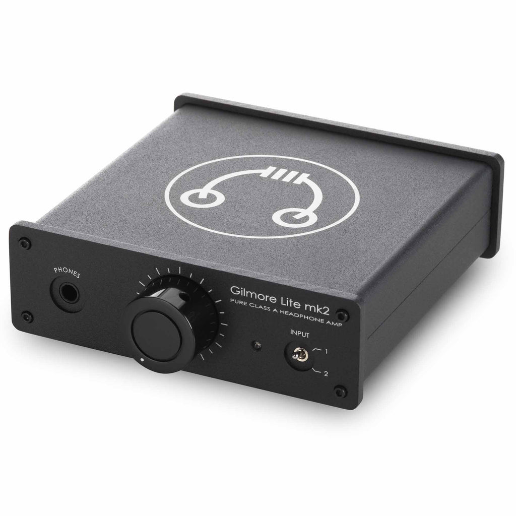 HeadAmp Gilmore Lite Mk2 Class-A Headphone Amplifier with volume knob and dual input selector on black metal casing