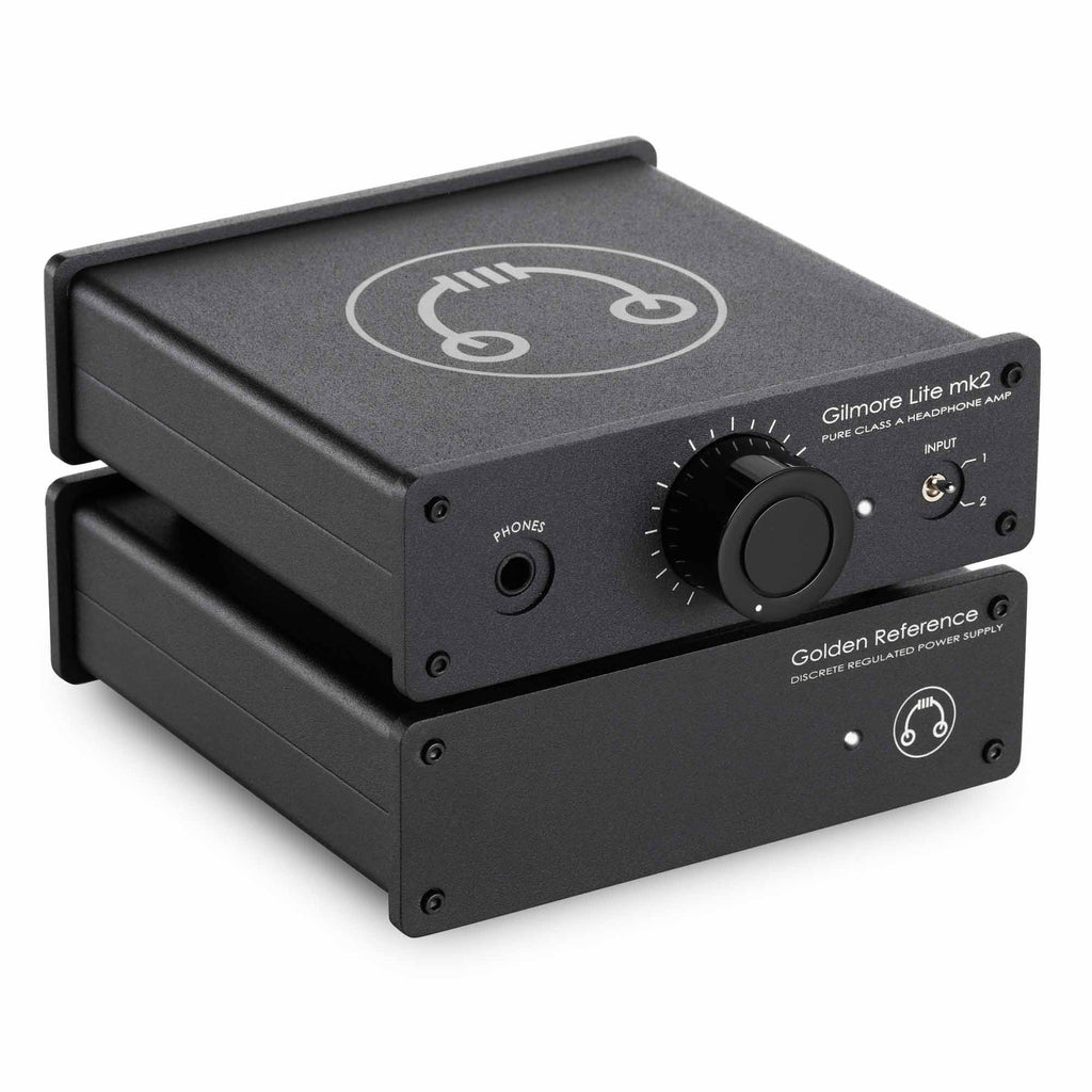 HeadAmp Gilmore Lite Mk2 Class-A Headphone Amplifier with rotary volume knob and dedicated power supply in black finish on white background