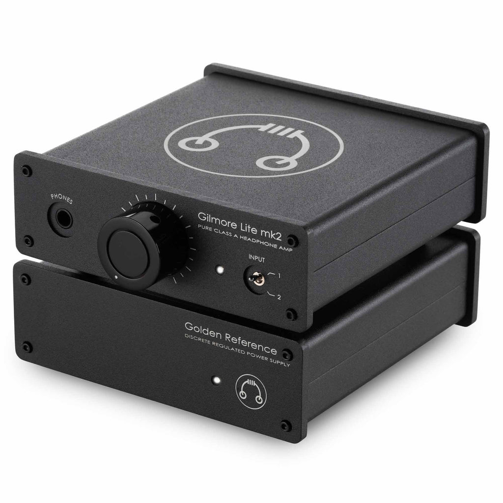 HeadAmp Gilmore Lite Mk2 Class-A Headphone Amplifier with volume knob and Golden Reference power supply stacked on white background