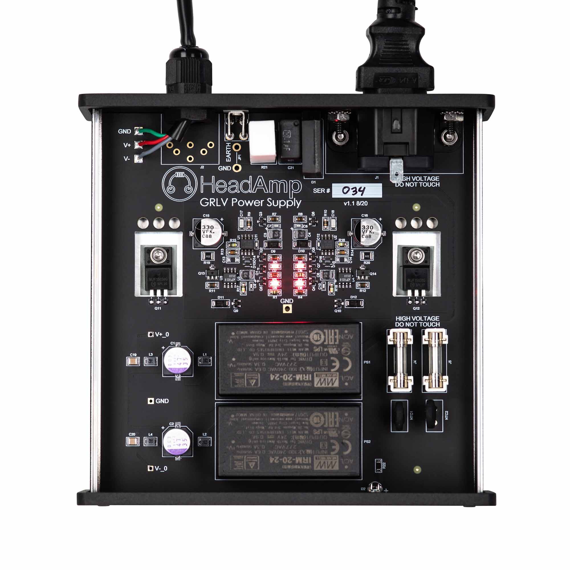 Top-down view of the internal circuit board and wiring for the HeadAmp Gilmore Lite Mk2 Class-A Headphone Amplifier power supply unit
