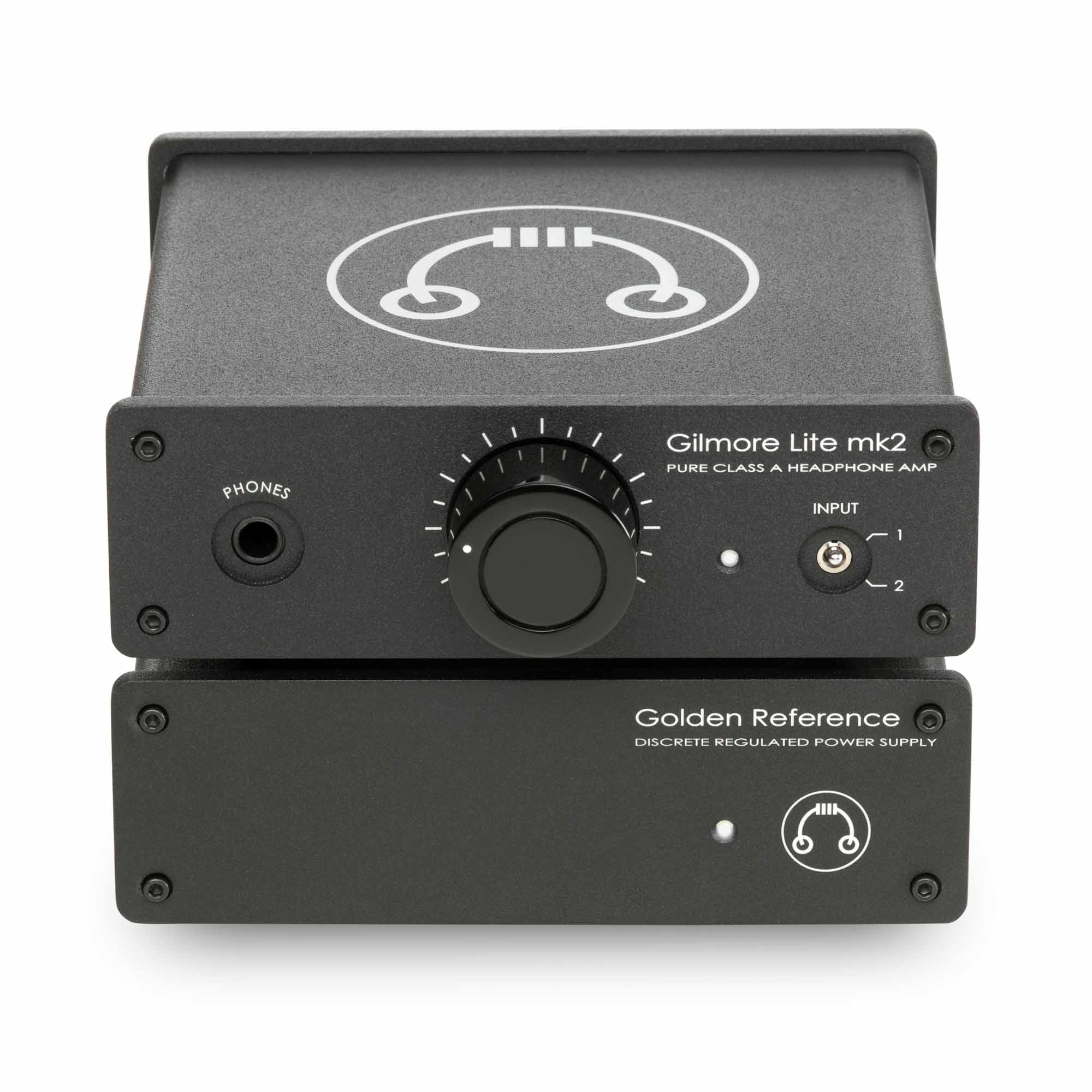 HeadAmp Gilmore Lite Mk2 Class-A Headphone Amplifier with volume knob and input selector stacked on Golden Reference power supply