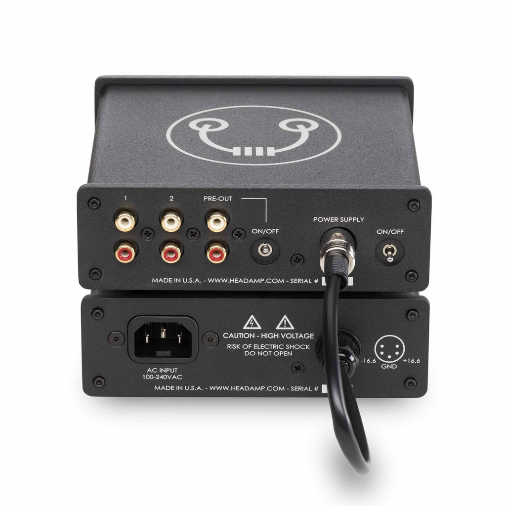 Back view of the HeadAmp Gilmore Lite Mk2 Class-A Headphone Amplifier showing power supply and input/output connectors
