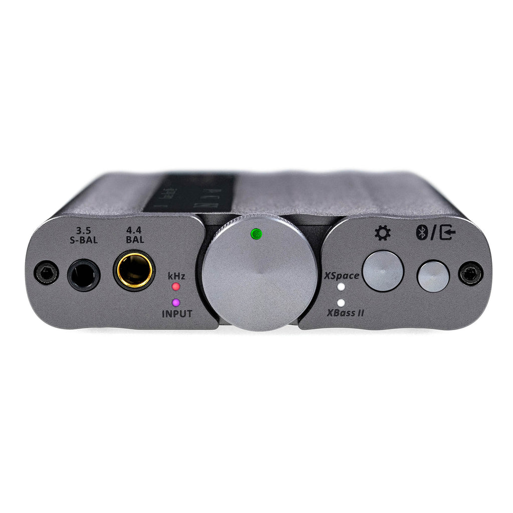 Front view of iFi Audio xDSD Gryphon Portable DAC/Amp showing headphone jacks, control knob, and function buttons on white background