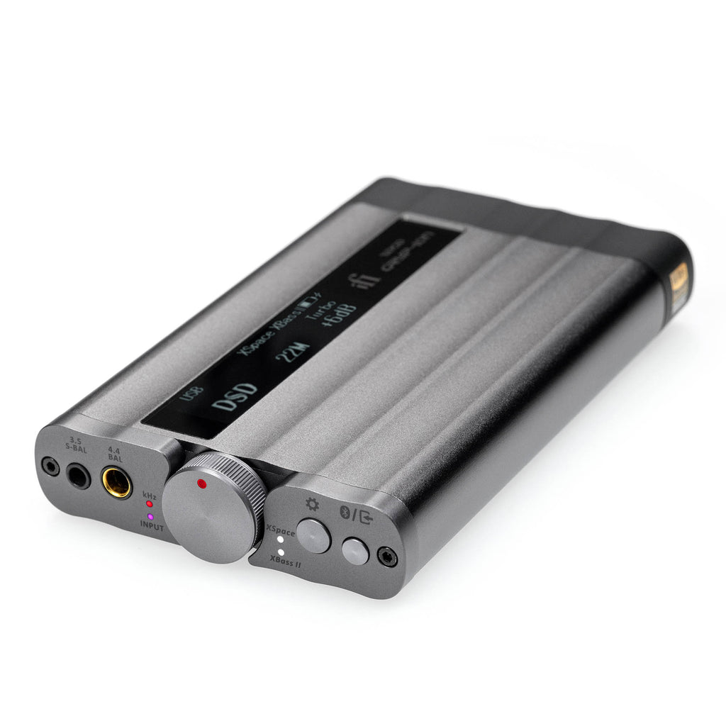 iFi Audio xDSD Gryphon Portable DAC/Amp with volume knob and display showing DSD playback on white background