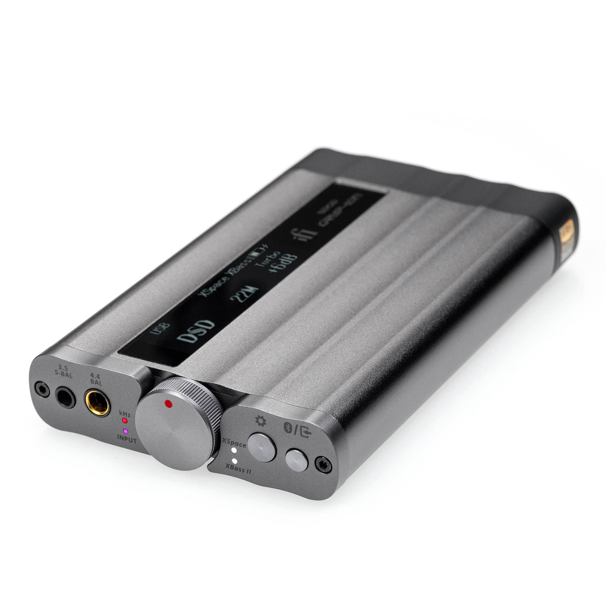 iFi Audio xDSD Gryphon Portable DAC/Amp with volume knob and display showing DSD playback on white background