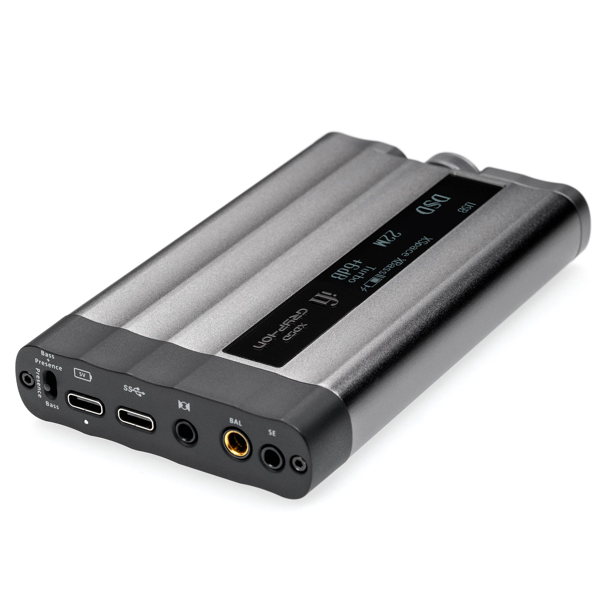 iFi Audio xDSD Gryphon Portable DAC/Amp showing digital display and multiple audio input and output ports on gray surface
