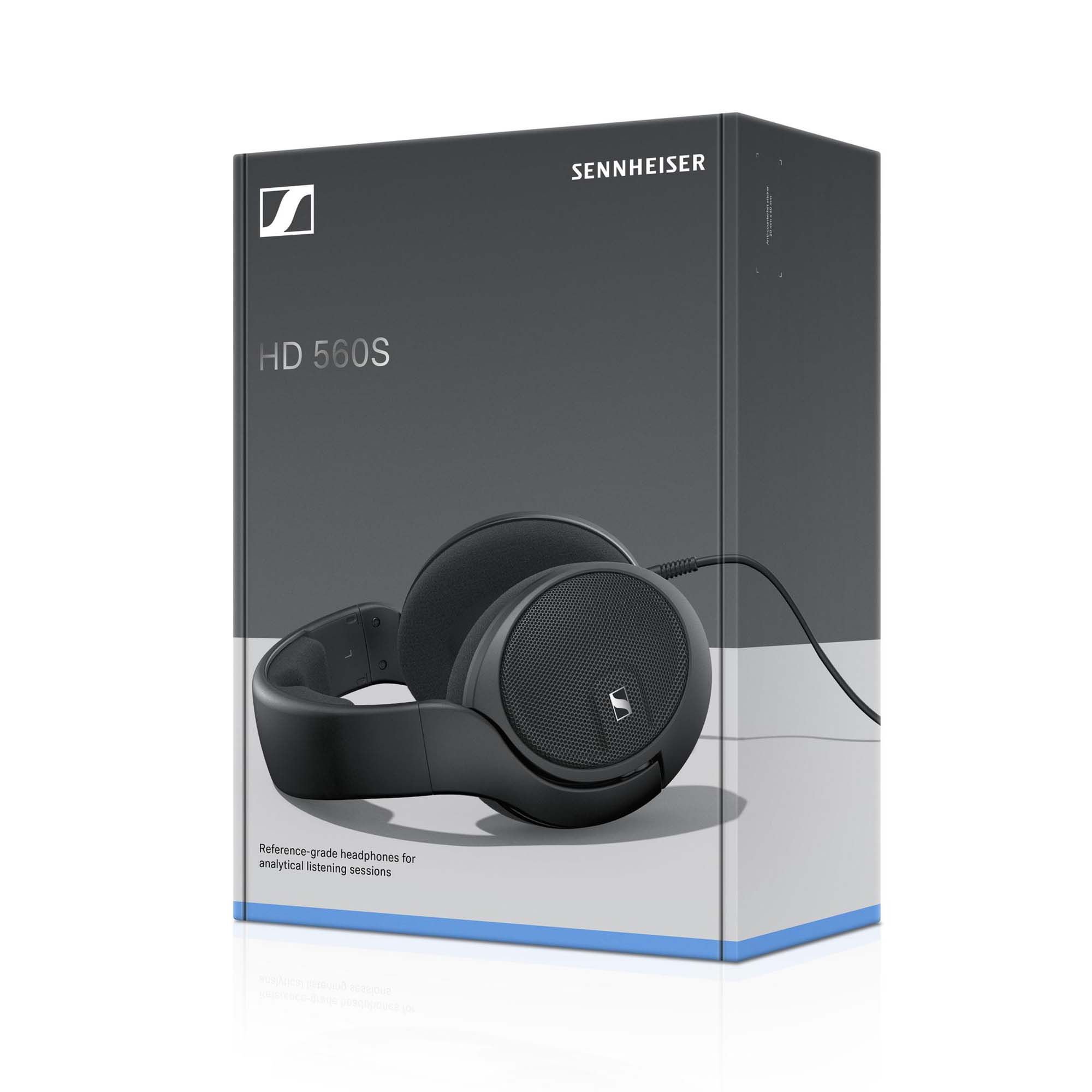 Sennheiser HD560S Open-Back Headphone packaging with image of black over-ear headphones on gray background