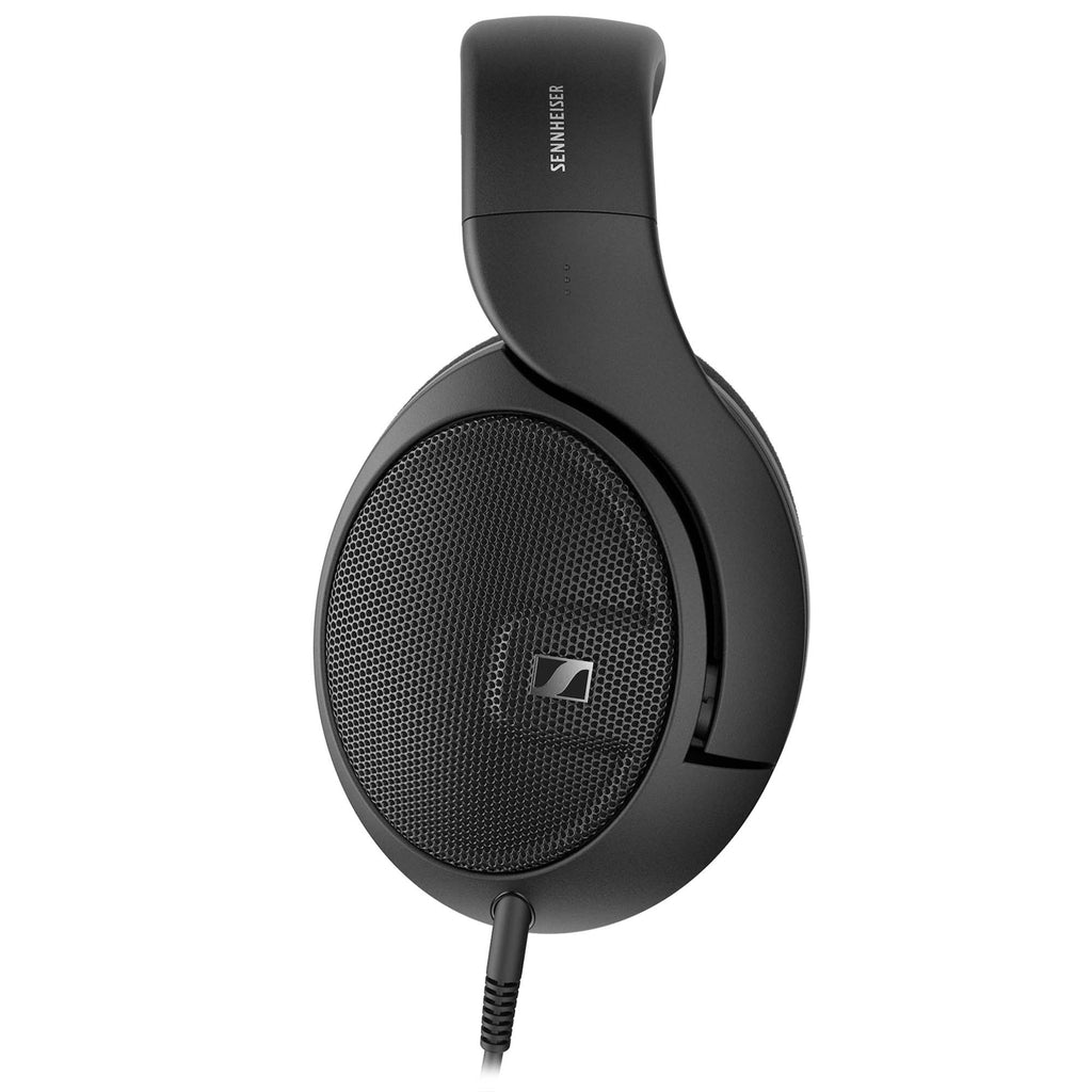 Close-up of the black Sennheiser HD560S Open-Back Headphone showing the earcup and mesh grille design