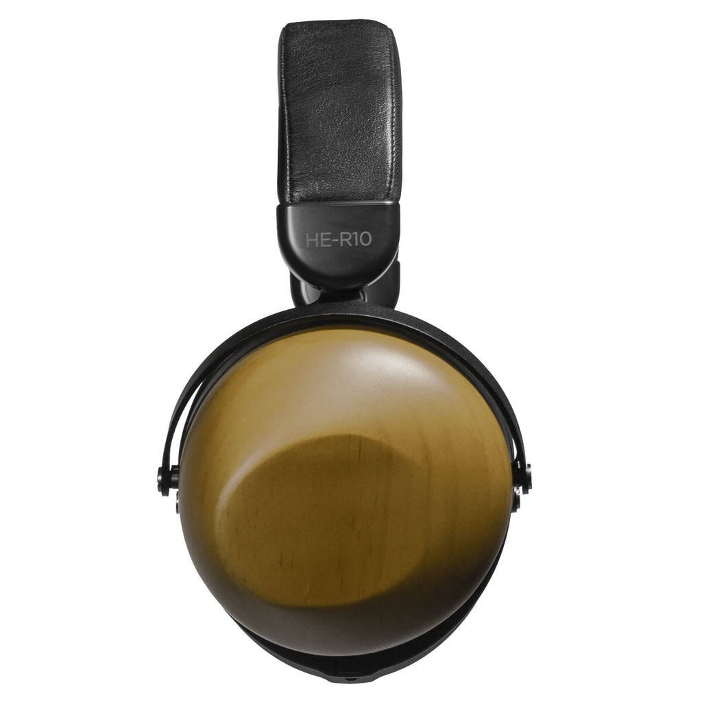 HIFIMAN HE-R10D Closed-Back Dynamic Headphones with carved wood cups and black padded headband on white background