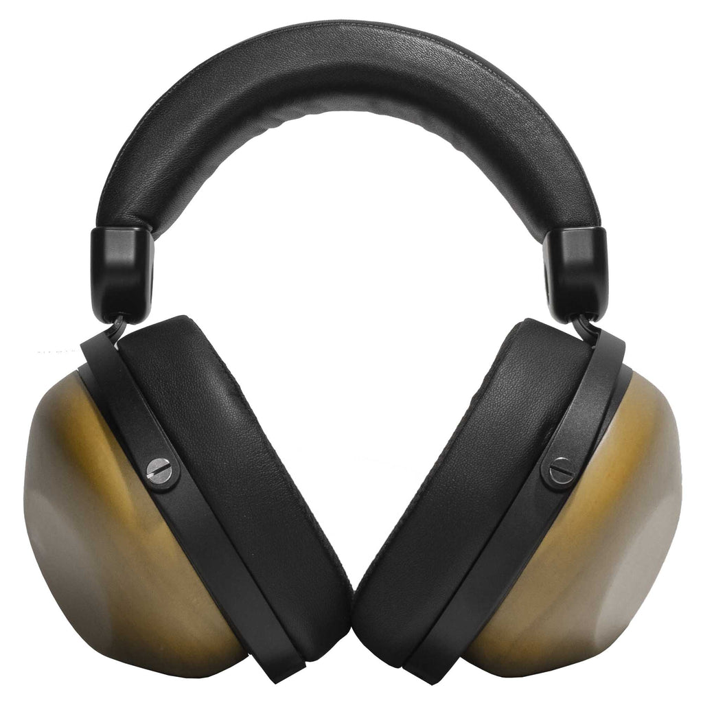 HIFIMAN HE-R10D Closed-Back Dynamic Headphones with carved wood cups and black padded headband on white background