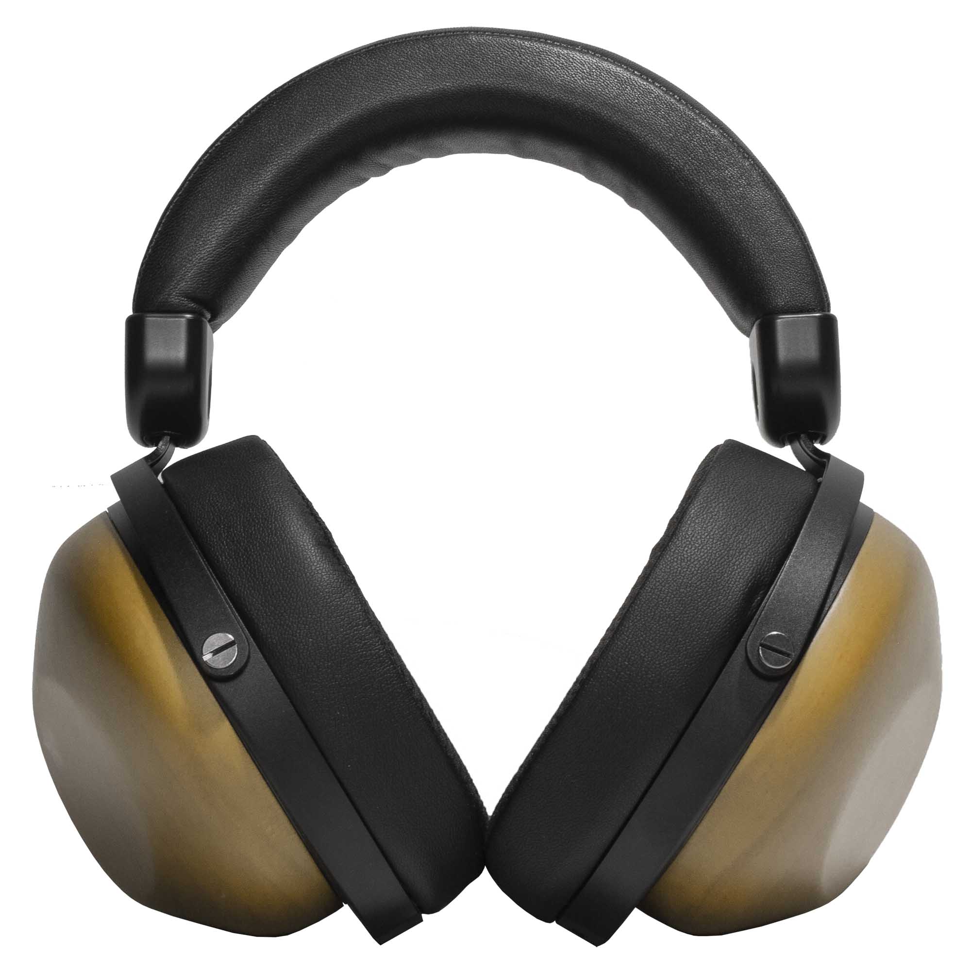 HIFIMAN HE-R10D Closed-Back Dynamic Headphones with carved wood cups and black padded headband on white background