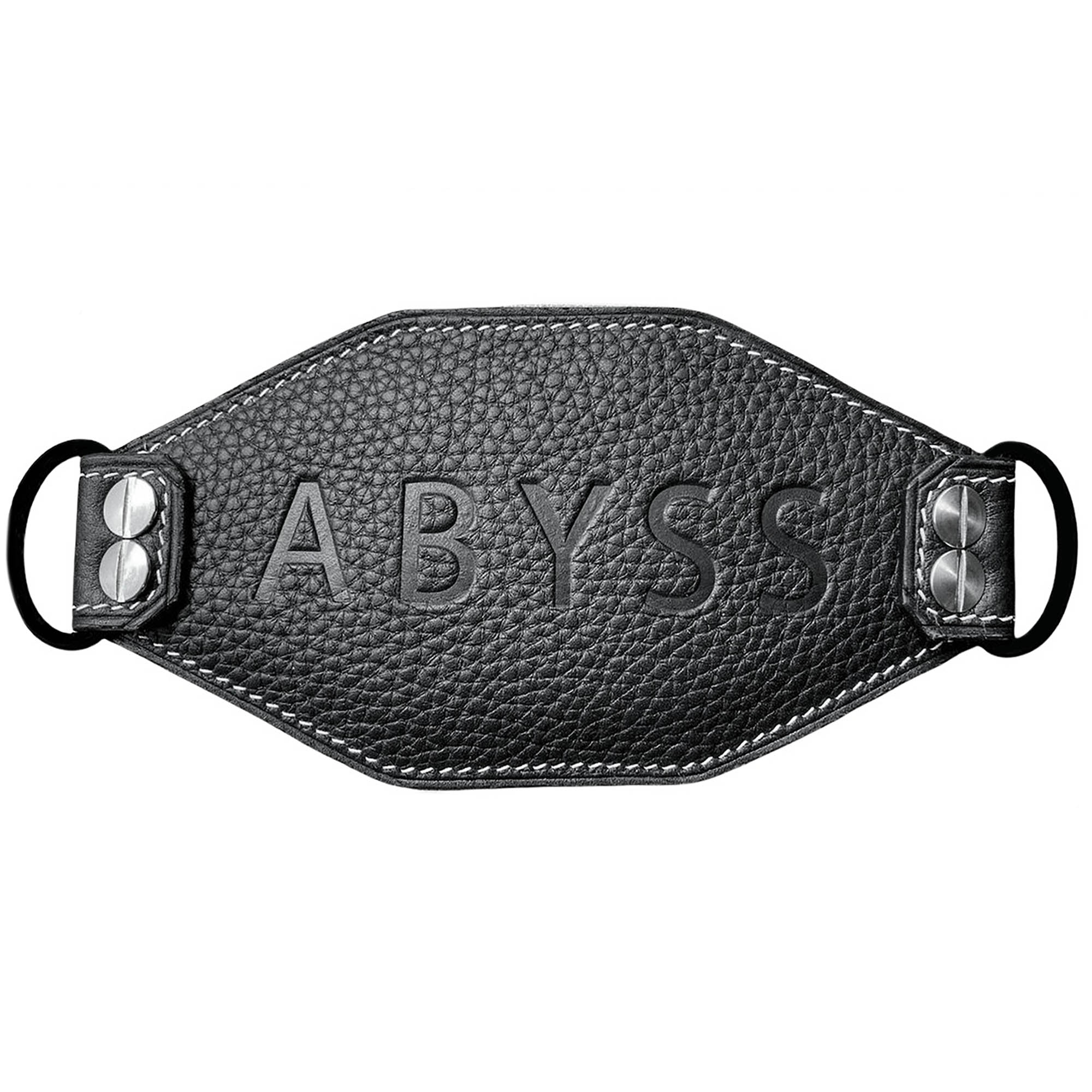 Close-up of black Abyss AB-1266 Leather Headband showing textured leather and embossed ABYSS logo with metal attachments