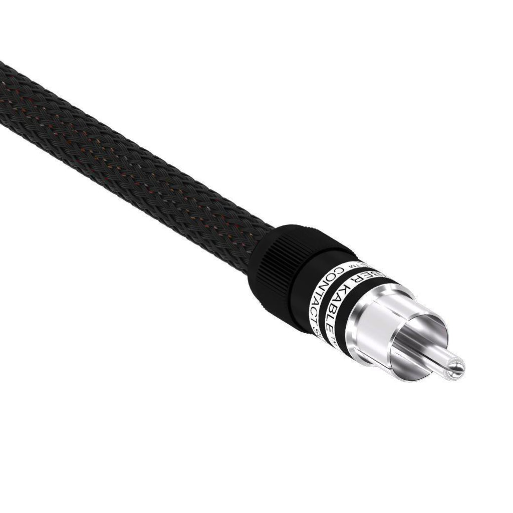 Close-up of Kimber Kable HERO Analog RCA Interconnect Cables (Pair) with braided black sleeve and silver connector tip