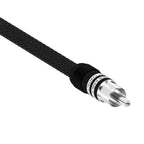 Close-up of Kimber Kable HERO Analog RCA Interconnect Cables (Pair) with braided black sleeve and silver connector tip