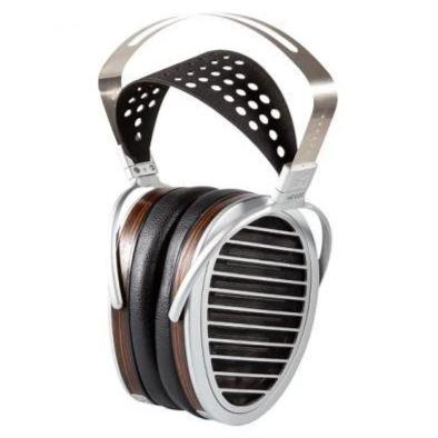 HIFIMAN HE1000SE open-back planar magnetic headphones with metal frame and wood ear cups, angled view on white background