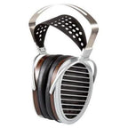 HIFIMAN HE1000SE open-back planar magnetic headphones with metal frame and wood ear cups, angled view on white background