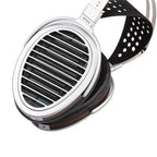 HIFIMAN HE1000SE open-back planar magnetic headphones with metal frame and perforated leather headband close-up view