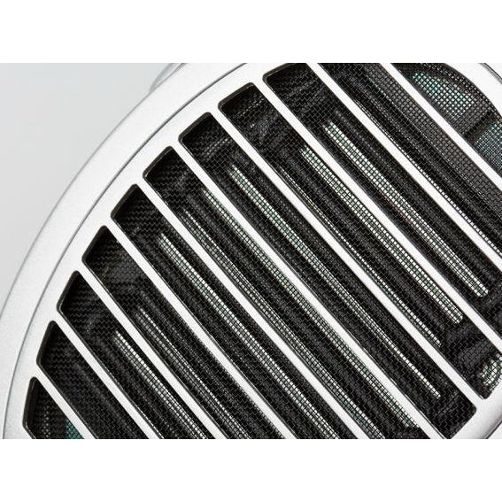 Close-up view of the grille on HIFIMAN HE1000SE open-back planar magnetic headphones in silver and black design