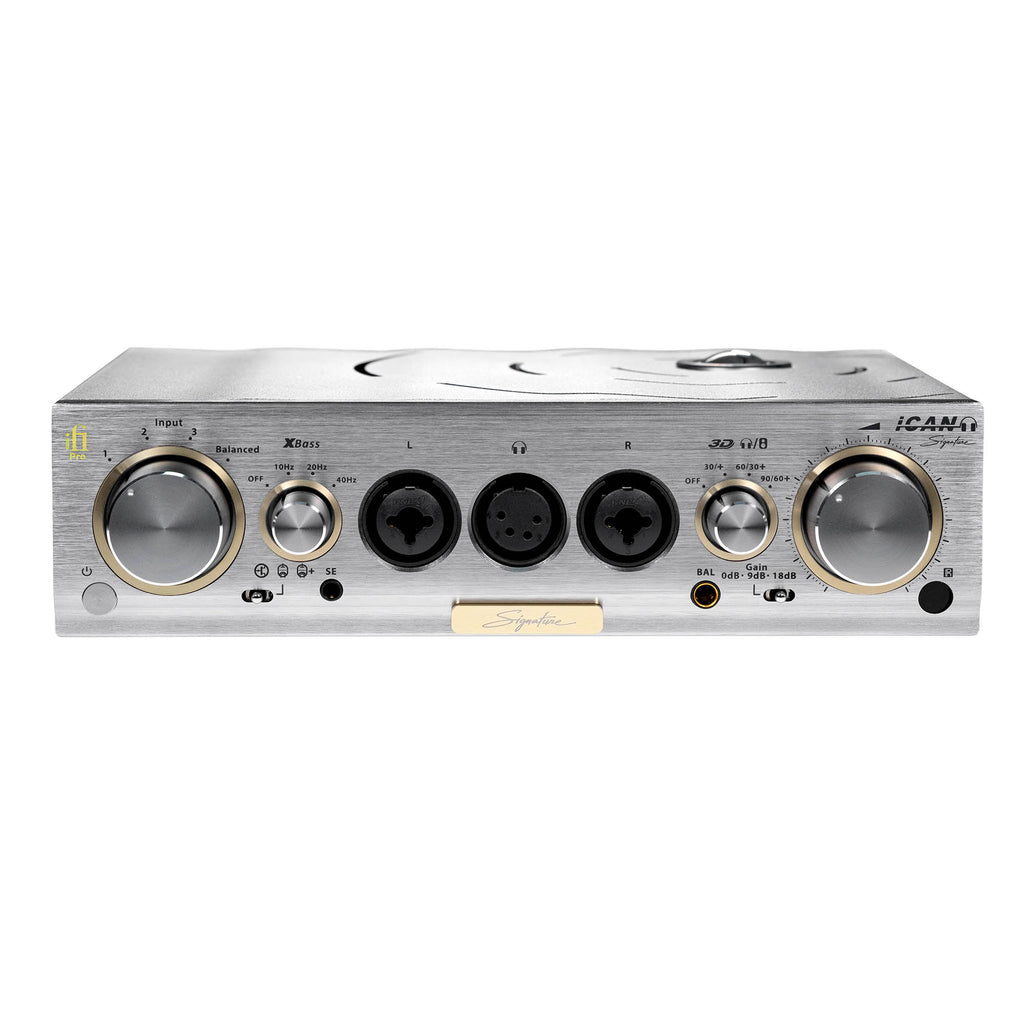 Front view of iFi Audio Pro iCAN Signature Tube + Solid State Headphone Amp with brushed metal finish and control knobs
