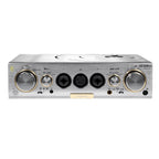 Front view of iFi Audio Pro iCAN Signature Tube + Solid State Headphone Amp with brushed metal finish and control knobs