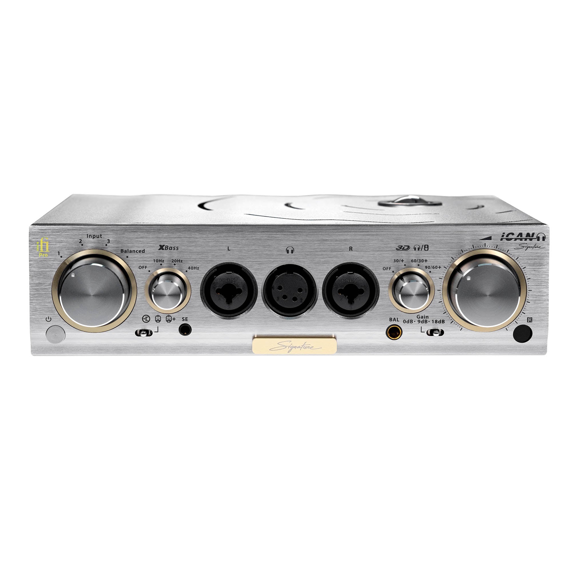 Front view of iFi Audio Pro iCAN Signature Tube + Solid State Headphone Amp with brushed metal finish and control knobs