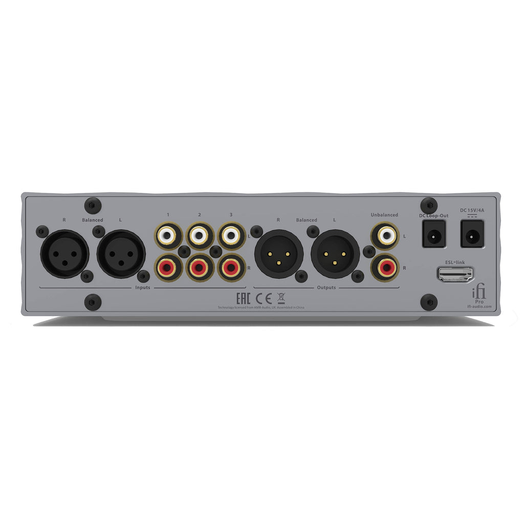 Rear panel close-up of iFi Audio Pro iCAN Signature Tube + Solid State Headphone Amp showing balanced and unbalanced inputs and outputs