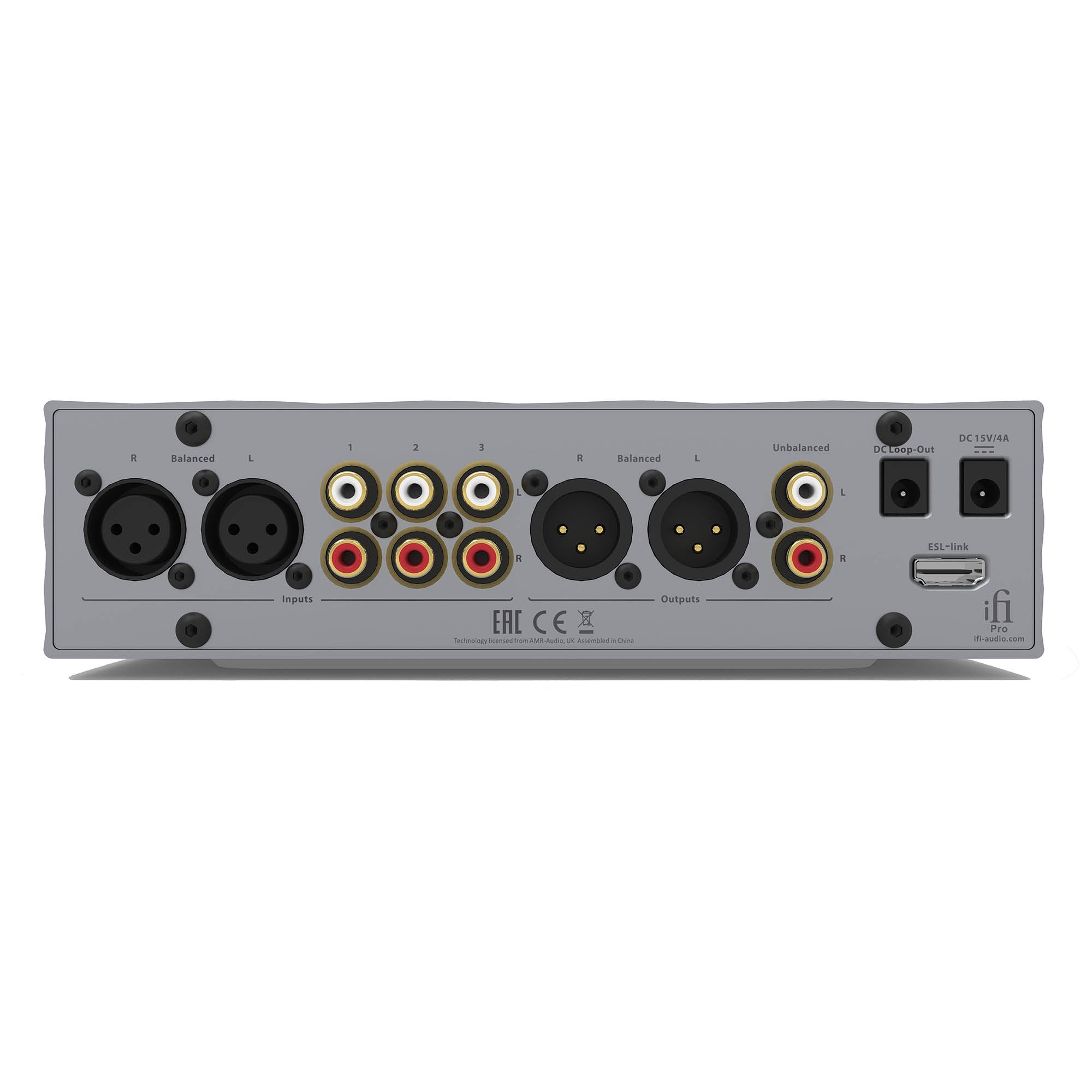 Rear panel close-up of iFi Audio Pro iCAN Signature Tube + Solid State Headphone Amp showing balanced and unbalanced inputs and outputs