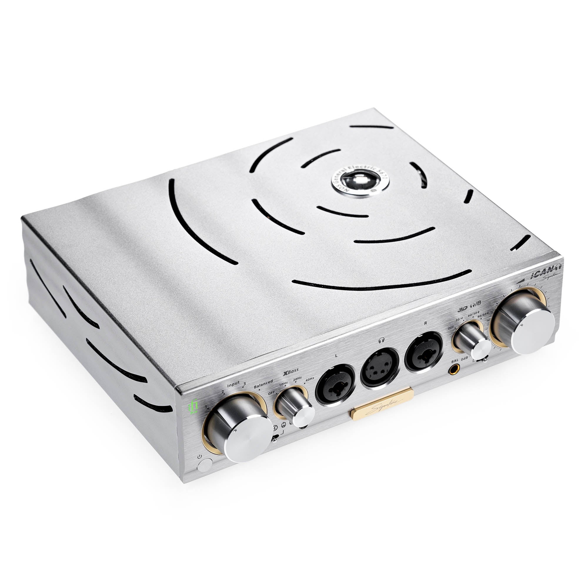 iFi Audio Pro iCAN Signature Tube + Solid State Headphone Amp with silver chassis and multiple input controls on white background