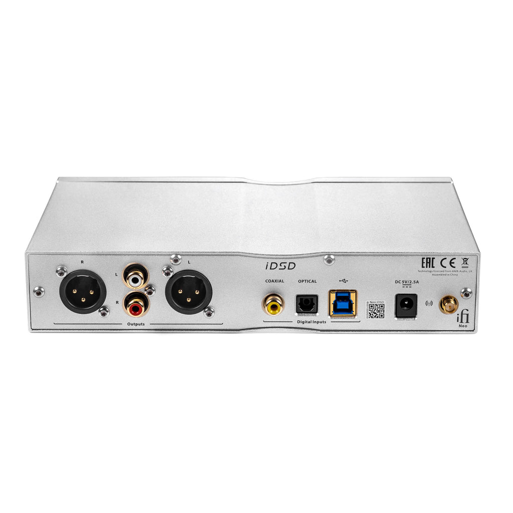 Rear view of iFi Audio NEO iDSD Desktop DAC & Headphone Amp showing multiple audio and digital input/output ports