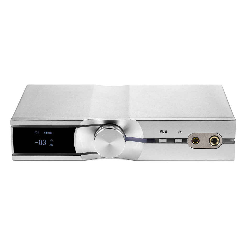 iFi Audio NEO iDSD Desktop DAC & Headphone Amp with volume knob digital display and headphone outputs on white background
