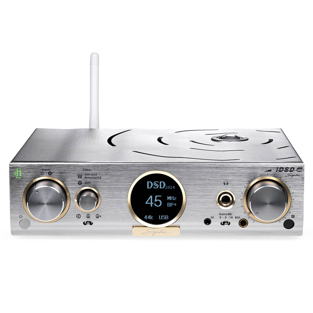 Front view of iFi Audio Pro iDSD Signature DAC / Streamer / Headphone Amp with illuminated display and control knobs