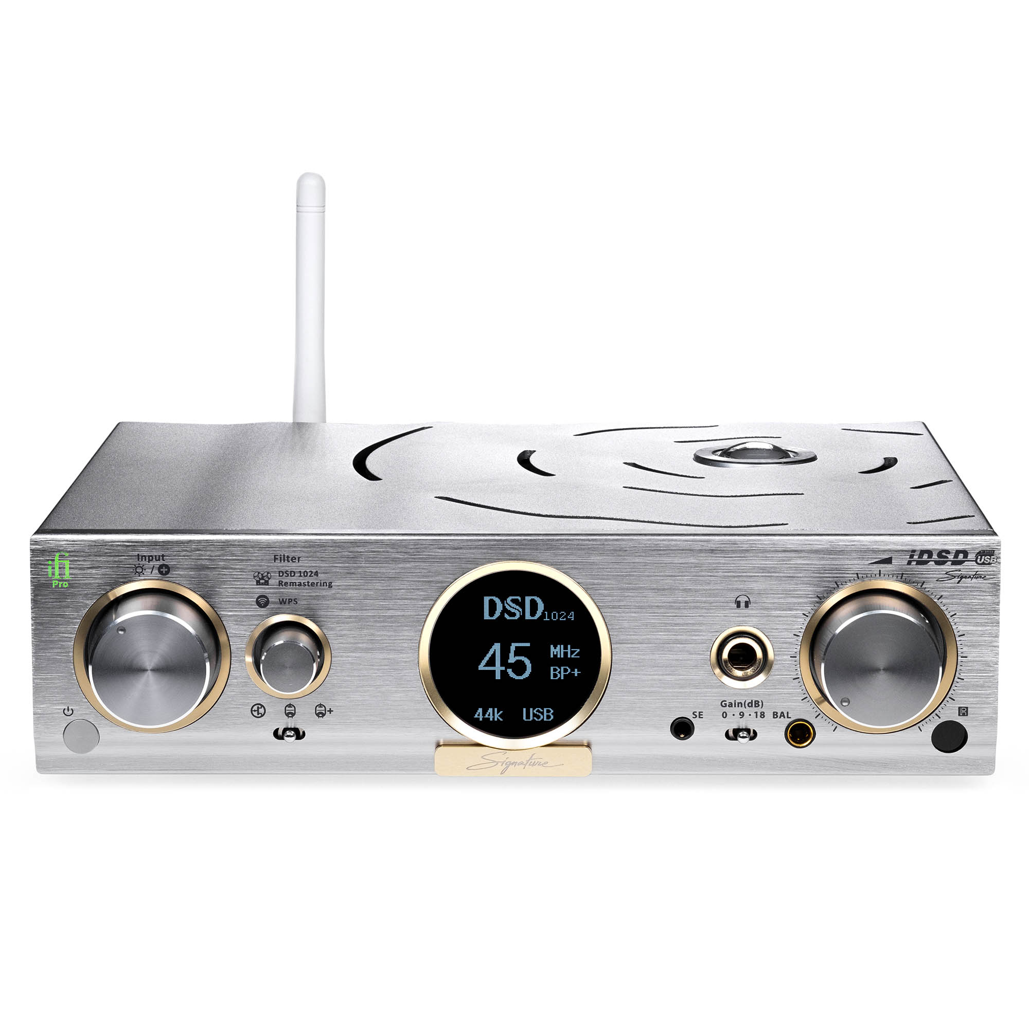 Front view of iFi Audio Pro iDSD Signature DAC / Streamer / Headphone Amp with illuminated display and control knobs