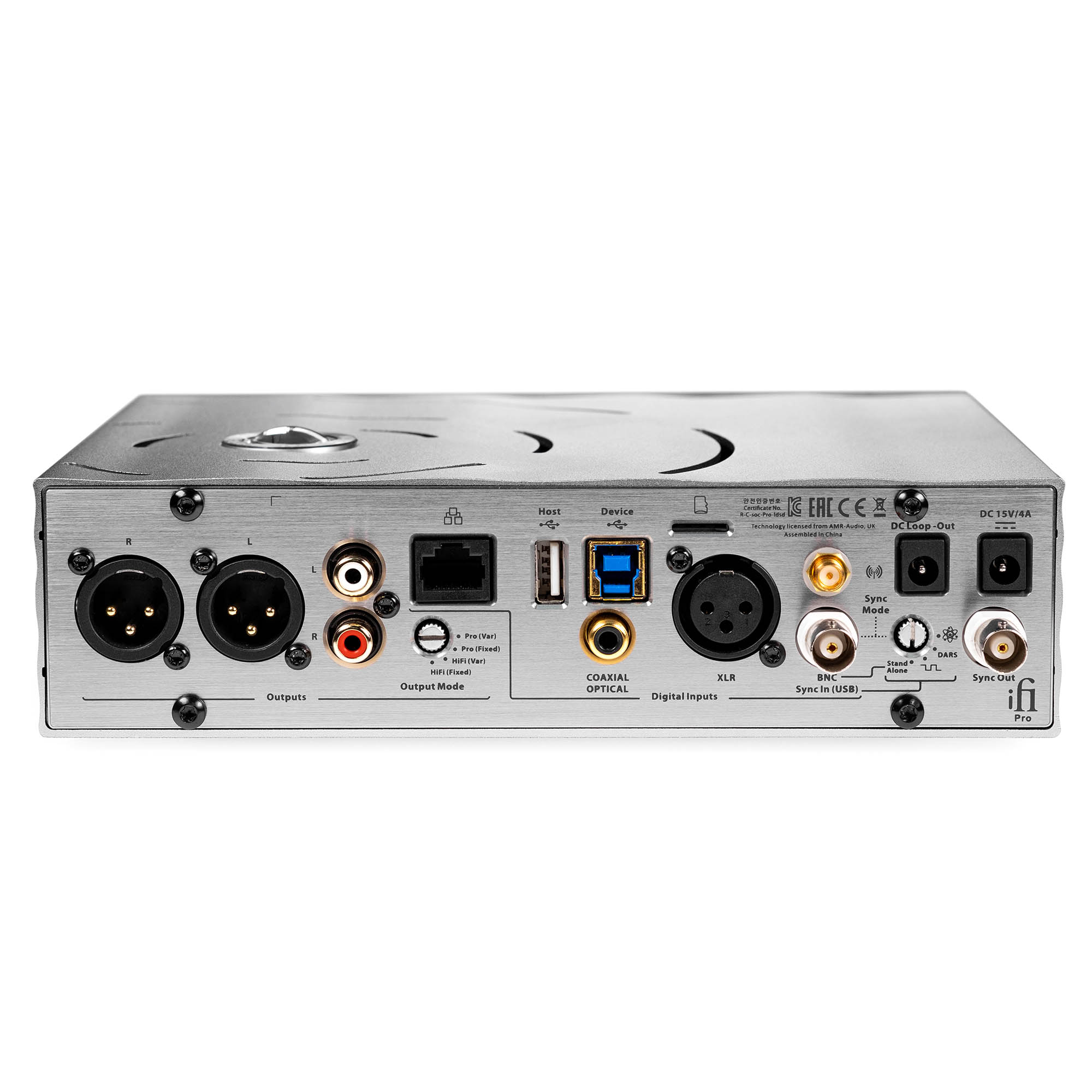 Rear view of iFi Audio Pro iDSD Signature DAC / Streamer / Headphone Amp showing multiple audio and digital input and output ports
