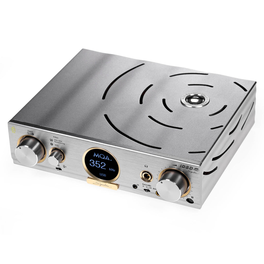 iFi Audio Pro iDSD Signature DAC / Streamer / Headphone Amp with brushed metal finish and digital display on white background