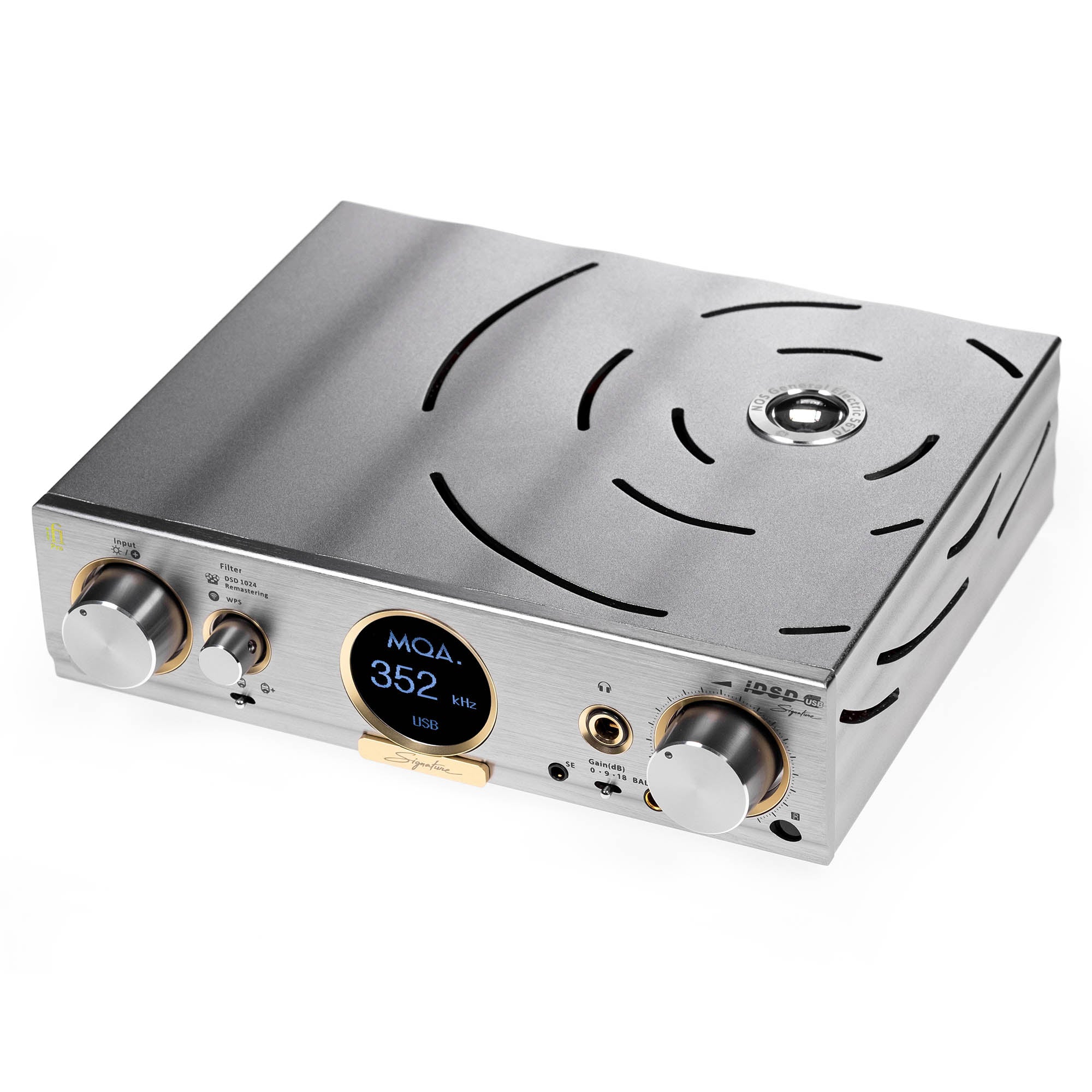 iFi Audio Pro iDSD Signature DAC / Streamer / Headphone Amp with brushed metal finish and digital display on white background