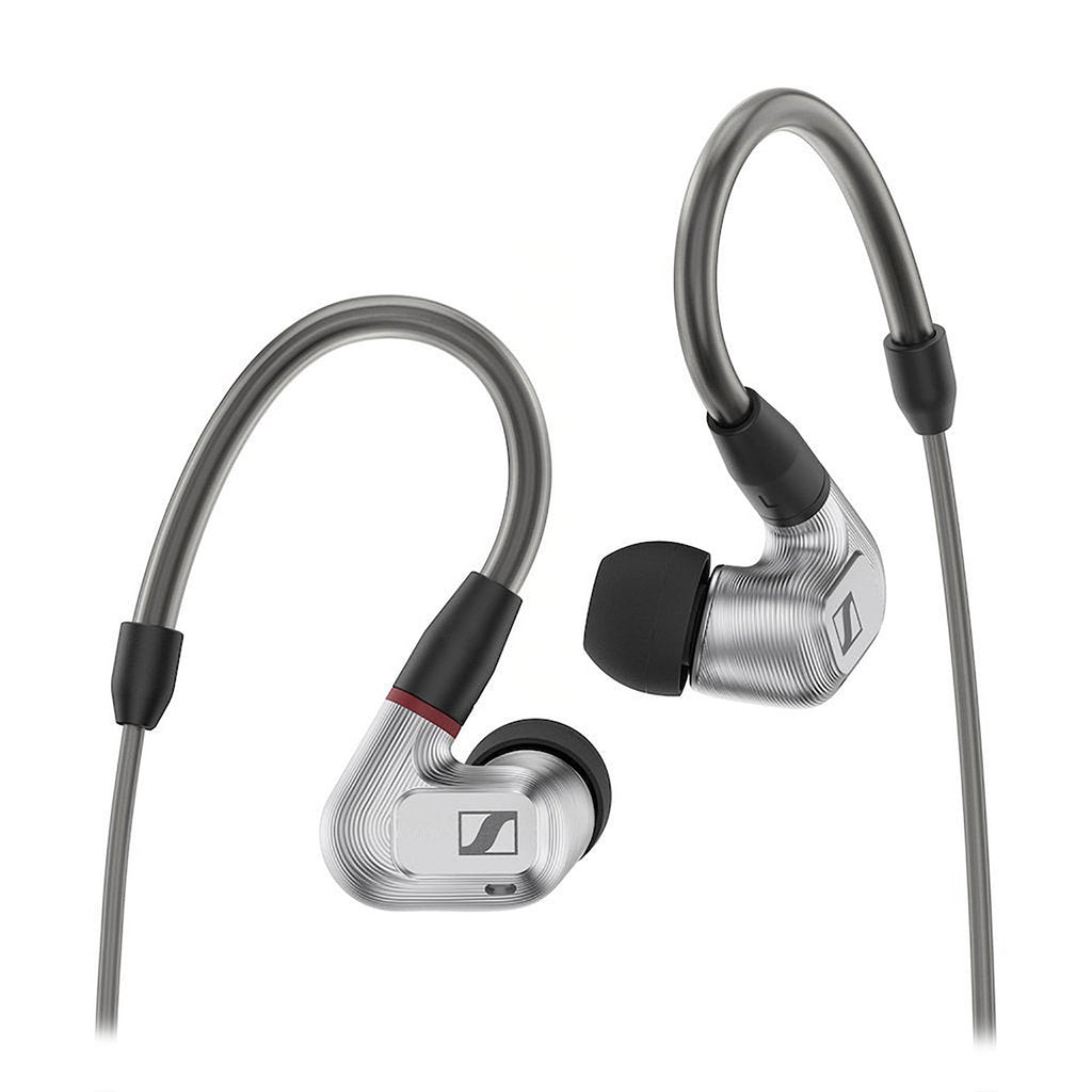 Sennheiser IE900 In-Ear Monitors with silver aluminum housing and black ear tips isolated on white background