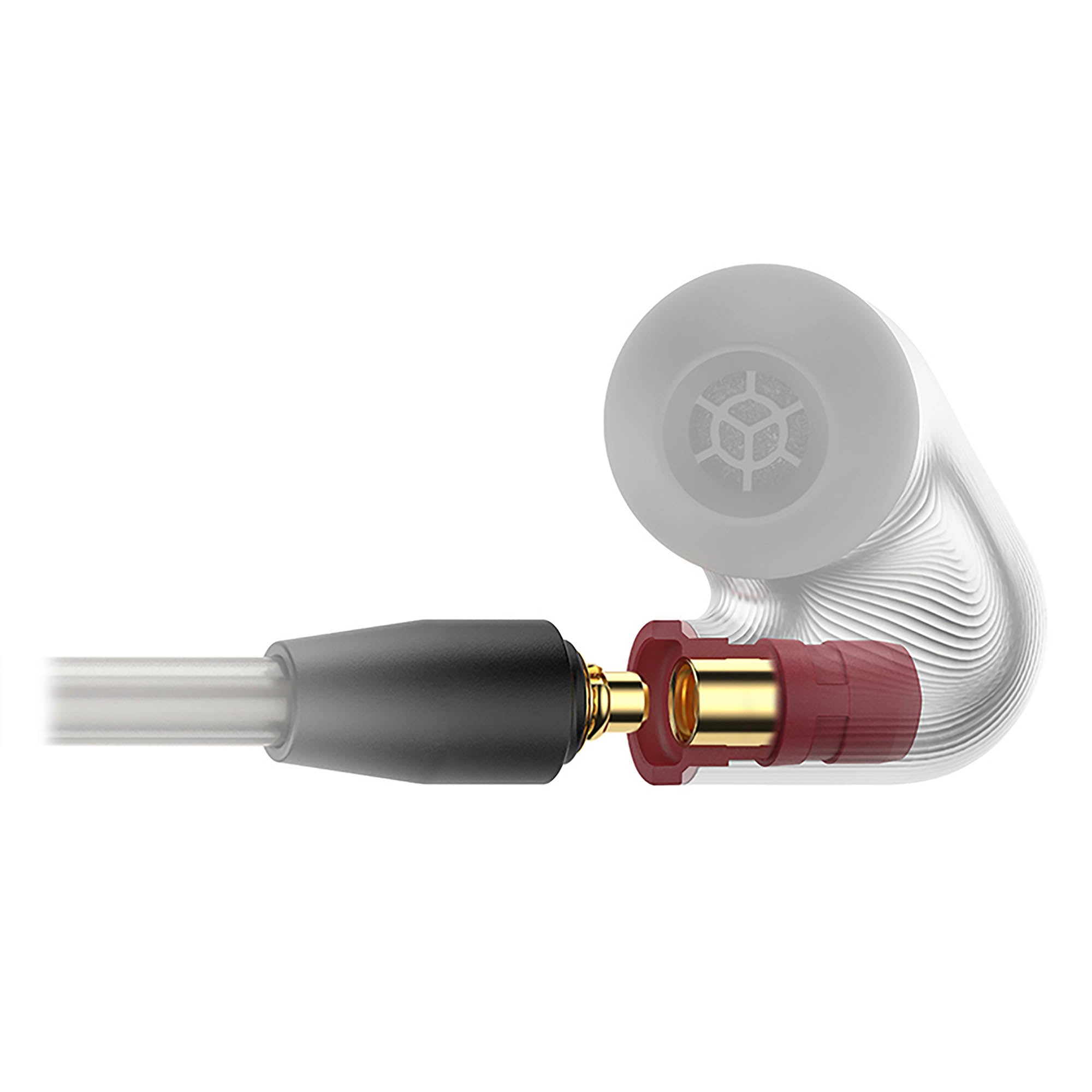Close-up of Sennheiser IE900 In-Ear Monitors showing detailed internal aluminum housing and gold connector components
